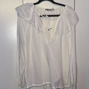 Zara White Ruffle Neck Blouse